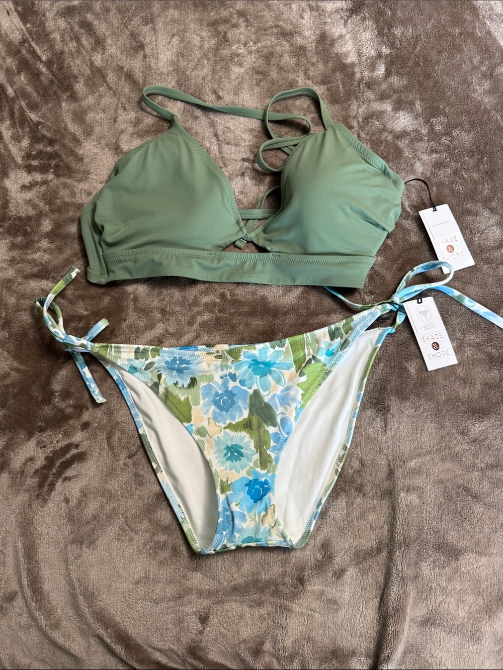 Shade & Shore Olive Green Strappy Bikini Top with Blue Floral Tie-Side Bottoms